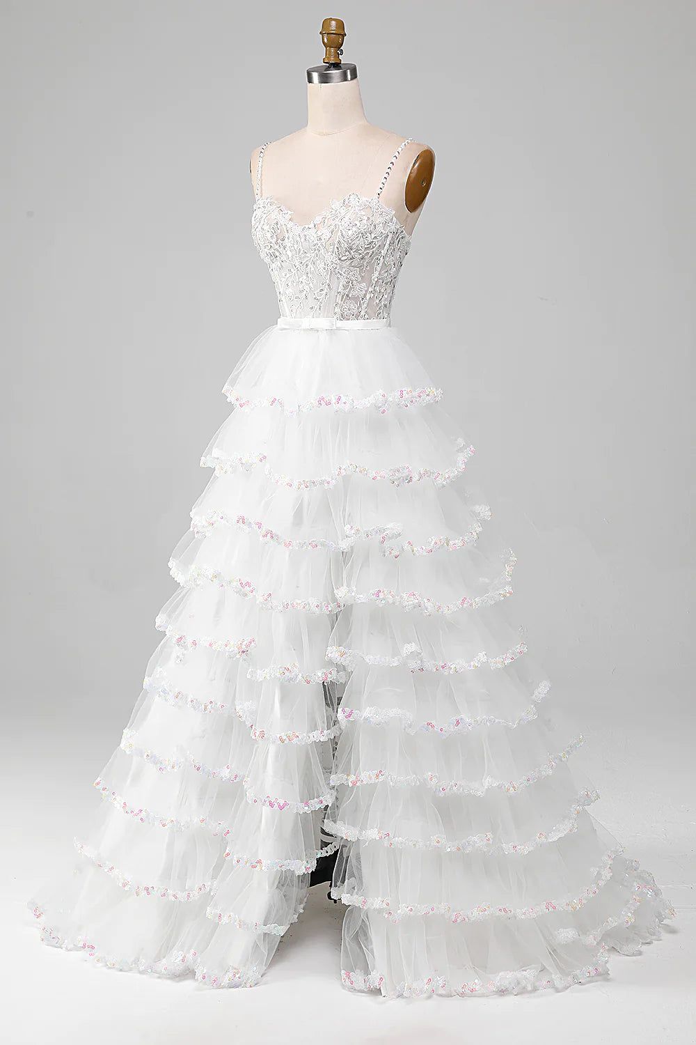 Sparkly White A-Line Tiered Long Corset Prom Dress With Slit