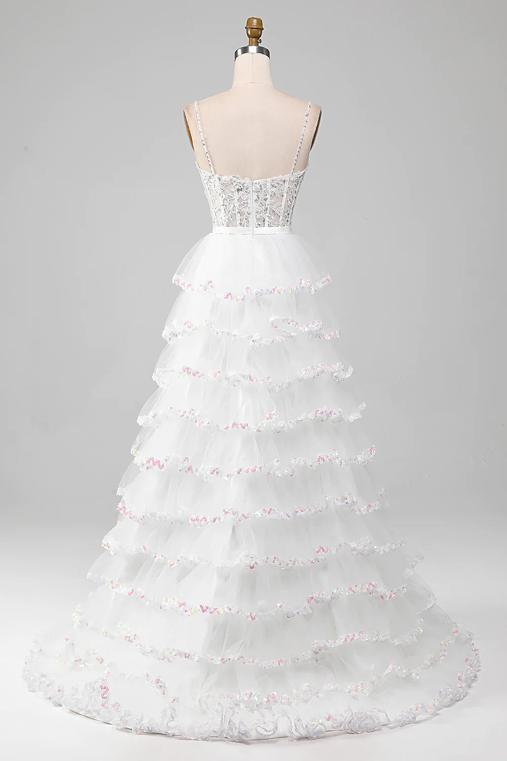 Sparkly White A-Line Tiered Long Corset Prom Dress With Slit