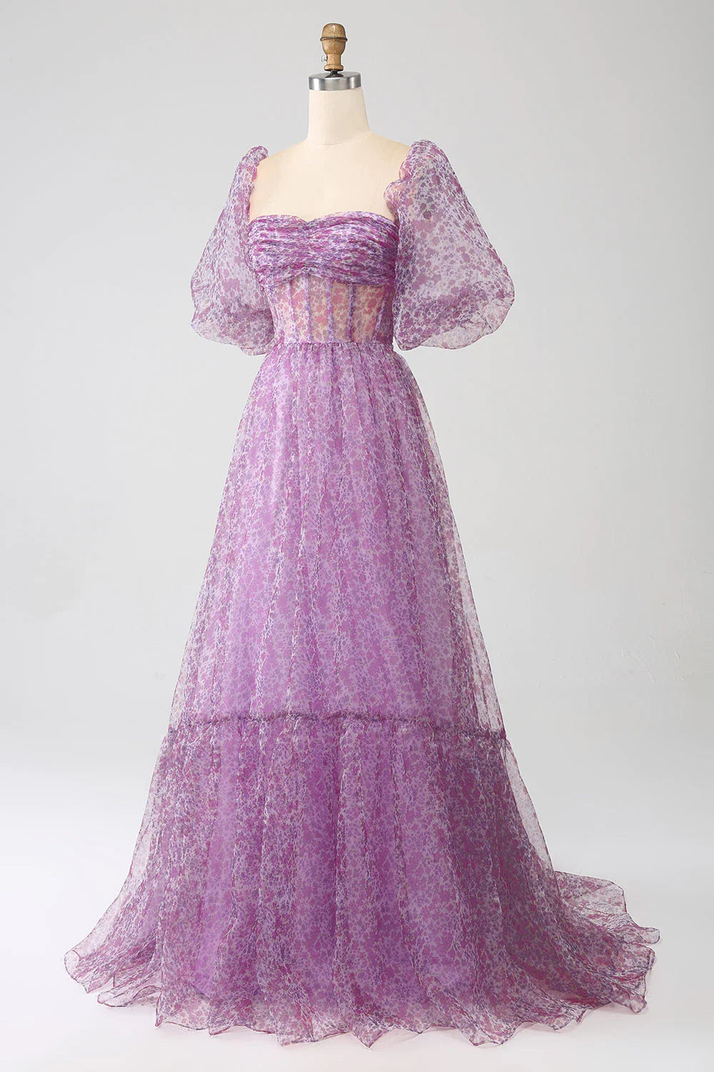 Lilafarbenes A-Linien-Ballkleid mit quadratischem Ausschnitt und halblangen Ärmeln