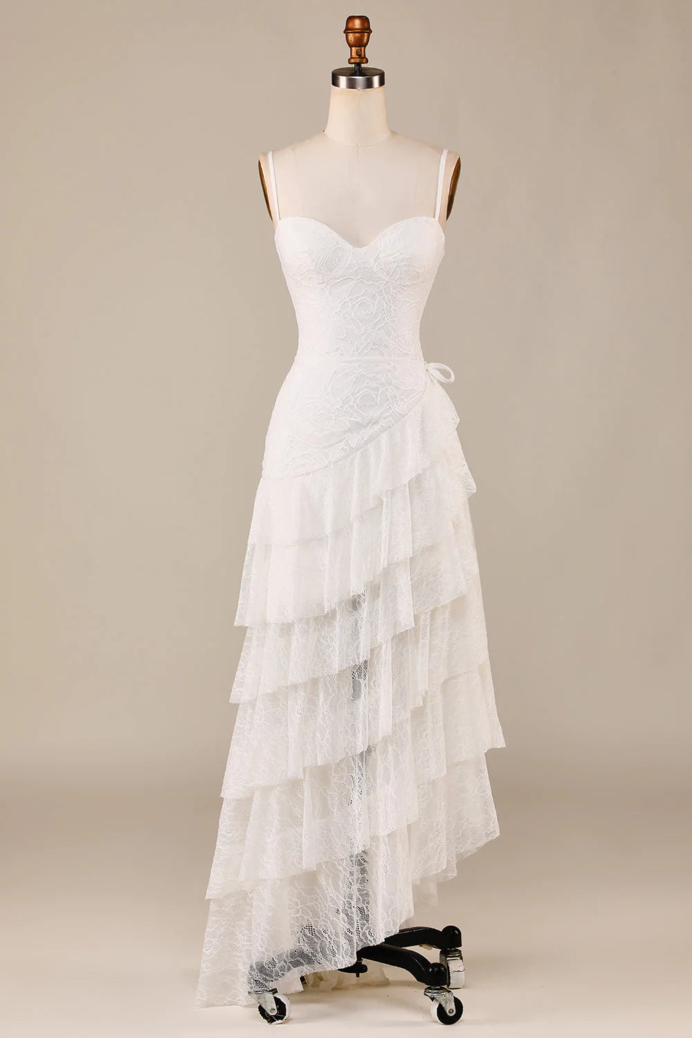 Vestido de novia bohemio con tirantes finos, encaje marfil, asimétrico, cola desmontable