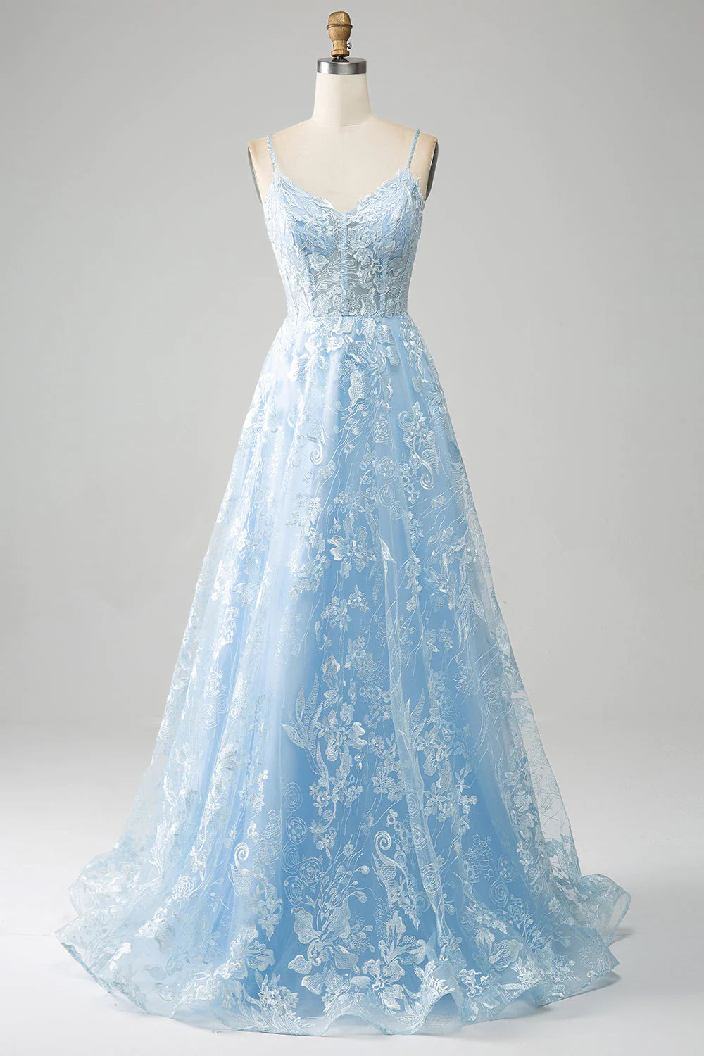 Himmelblaues A-Linien-Ballkleid mit Spaghettiträgern und Spitze und langem Korsett