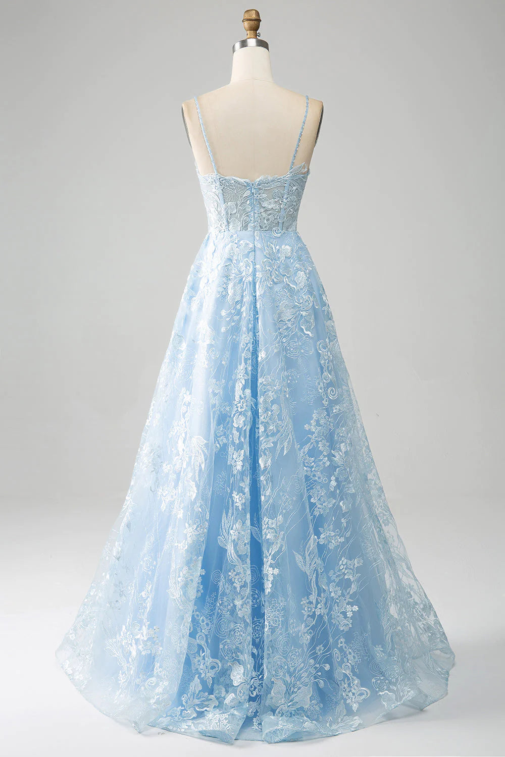 Himmelblaues A-Linien-Ballkleid mit Spaghettiträgern und Spitze und langem Korsett