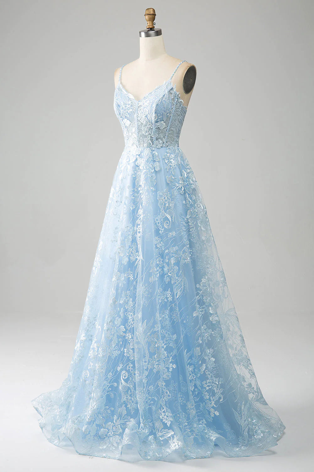 Himmelblaues A-Linien-Ballkleid mit Spaghettiträgern und Spitze und langem Korsett
