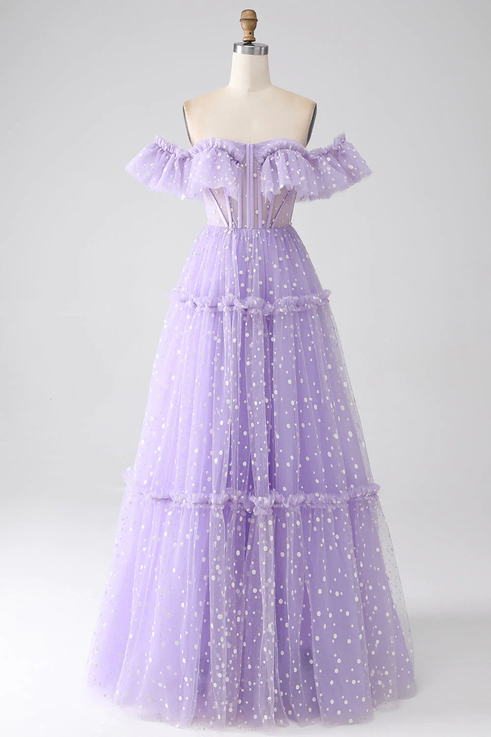Vestido de fiesta con corsé lila y hombros descubiertos