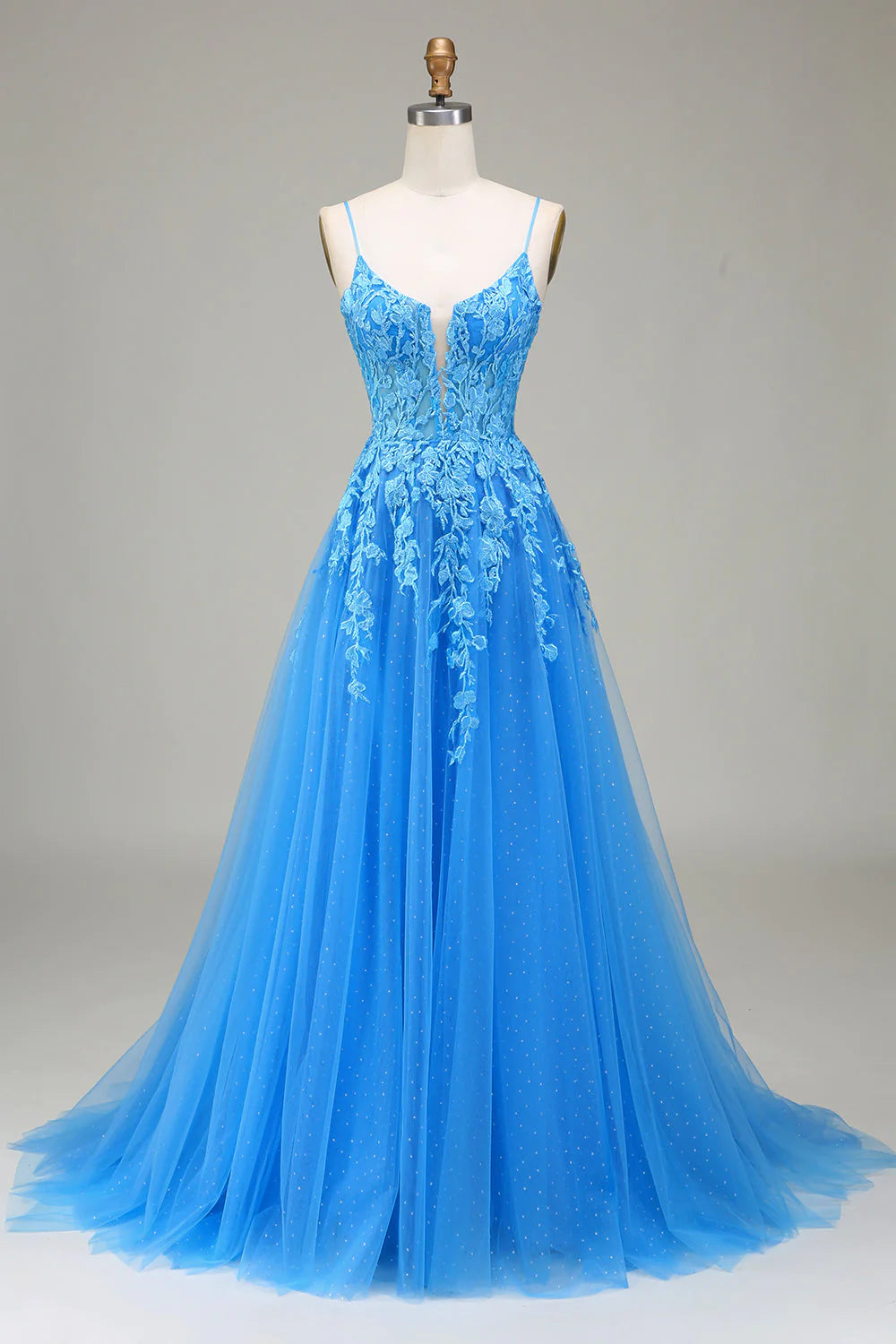 A-Linie Spaghettiträger Blaues Tüll-Ballkleid mit Applikationen