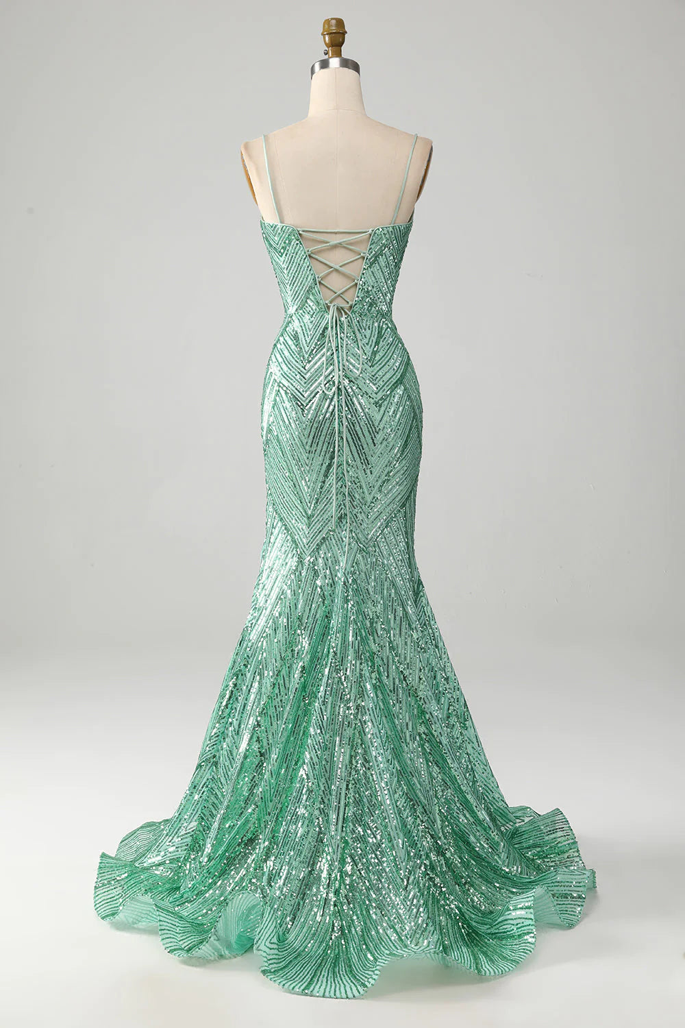 Langes Meerjungfrau-Ballkleid mit glitzernden grünen Pailletten, Schnürung am Rücken und Schlitz