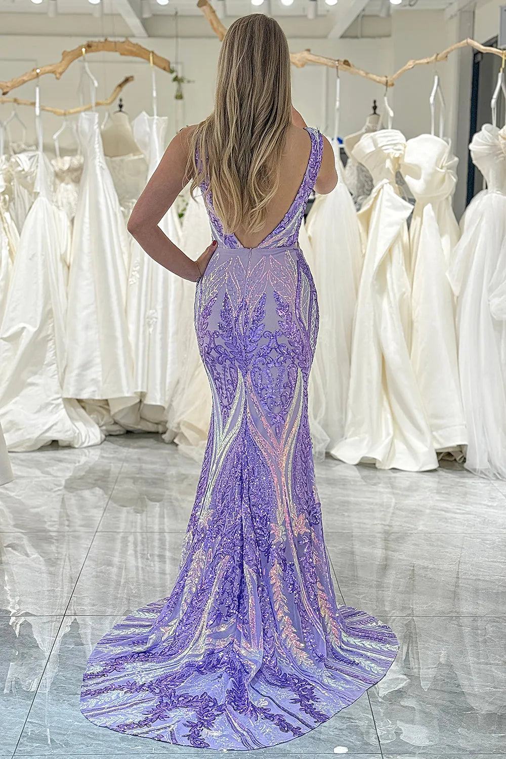 Mermaid V-Neck Sequins Long Prom Dress
