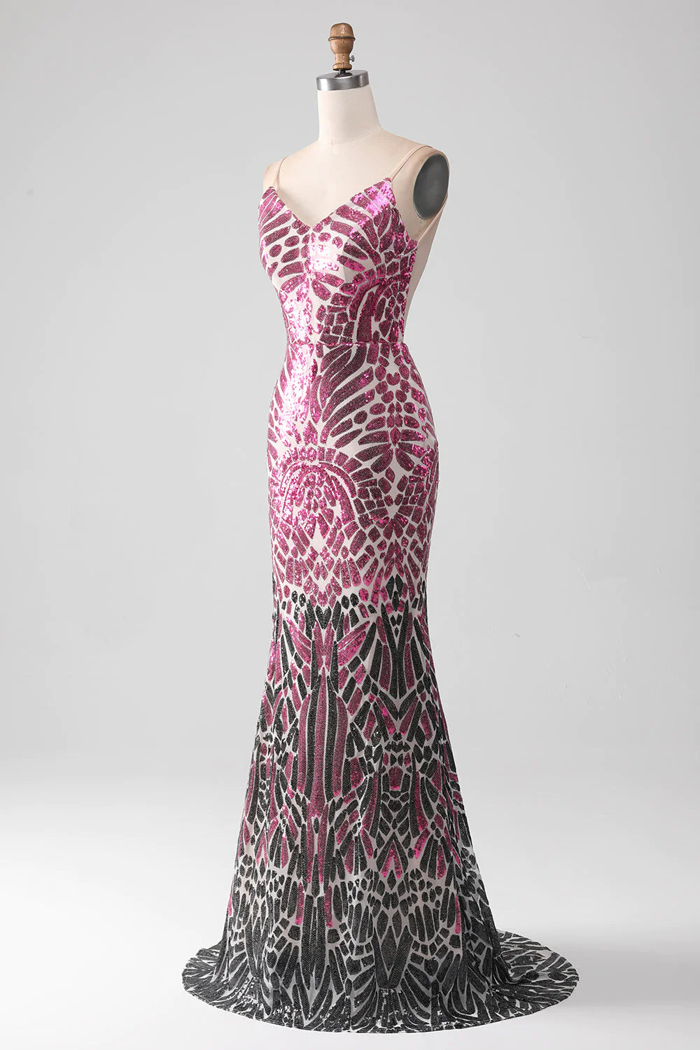 Glitzerndes Meerjungfrau-Ballkleid mit Spaghettiträgern und rückenfreiem