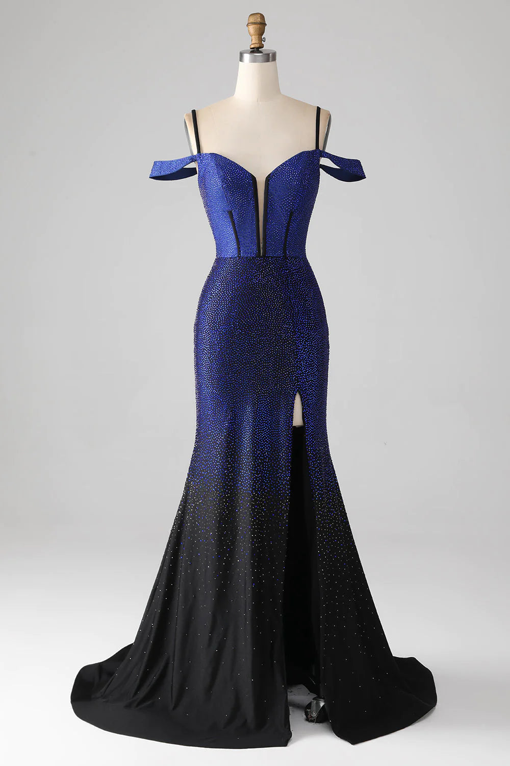 Glitzerndes, marineblaues, langes Korsett-Ballkleid im Meerjungfrauenstil mit Schlitz