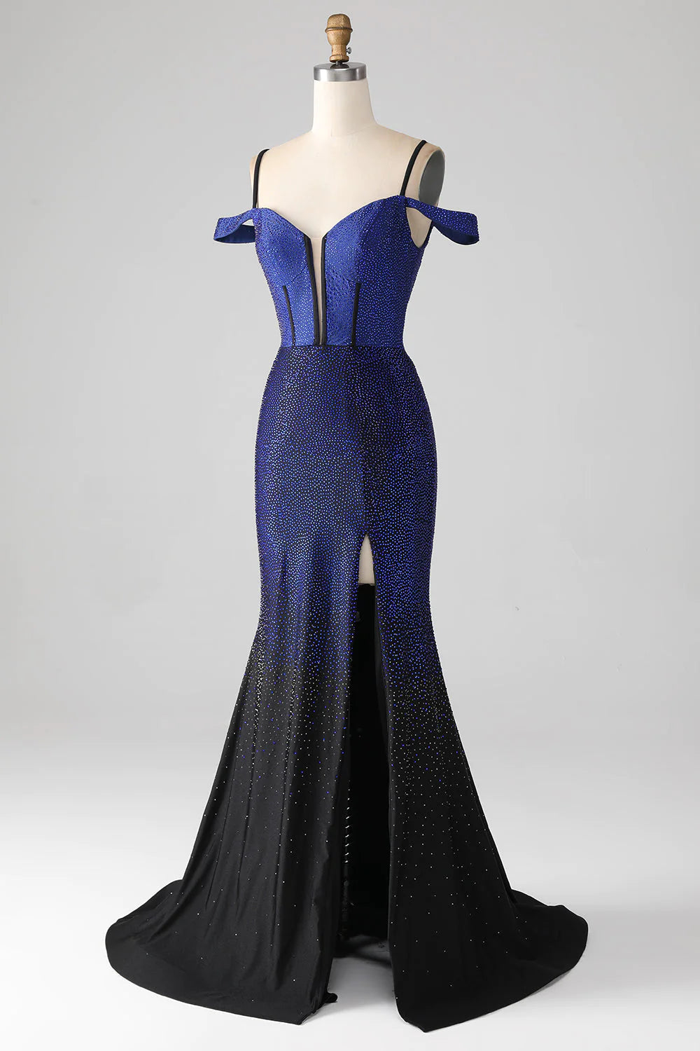 Glitzerndes, marineblaues, langes Korsett-Ballkleid im Meerjungfrauenstil mit Schlitz