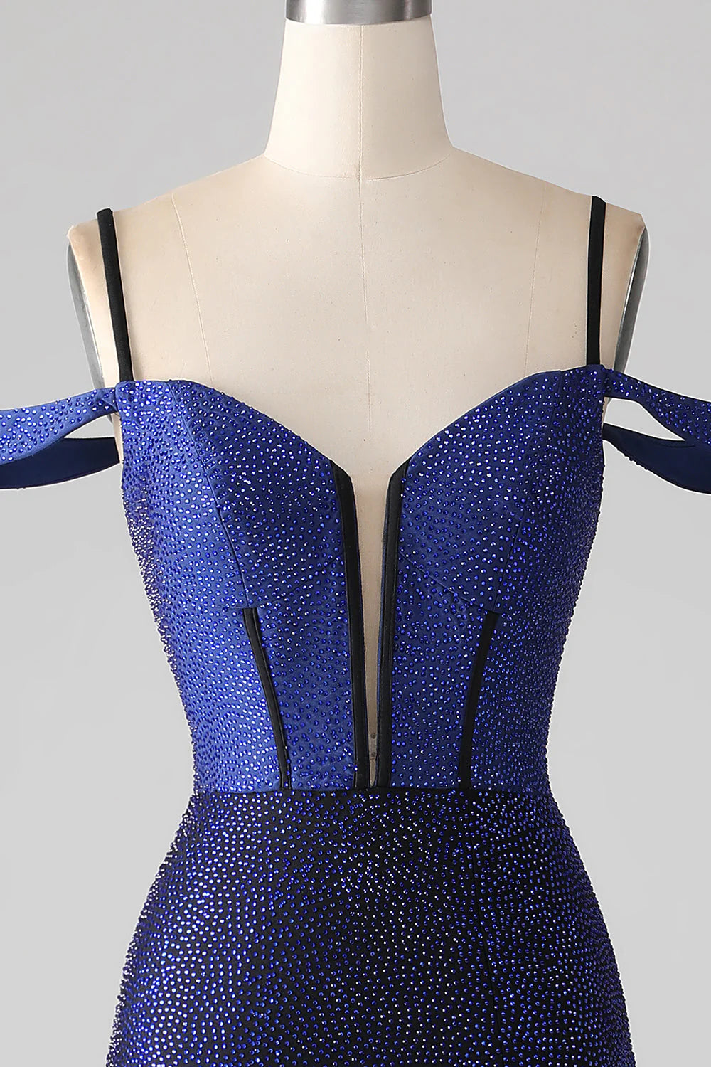 Glitzerndes, marineblaues, langes Korsett-Ballkleid im Meerjungfrauenstil mit Schlitz