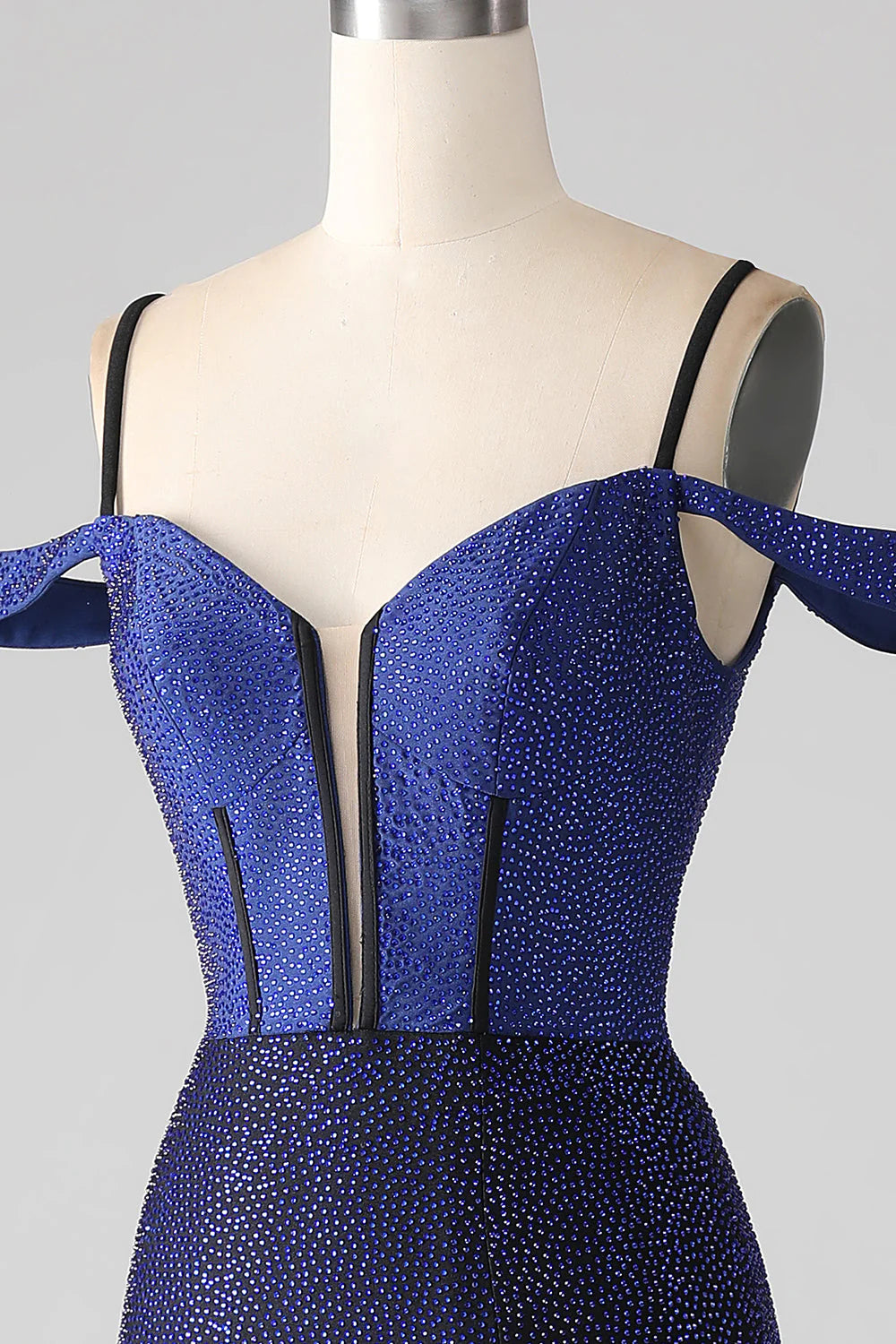 Glitzerndes, marineblaues, langes Korsett-Ballkleid im Meerjungfrauenstil mit Schlitz