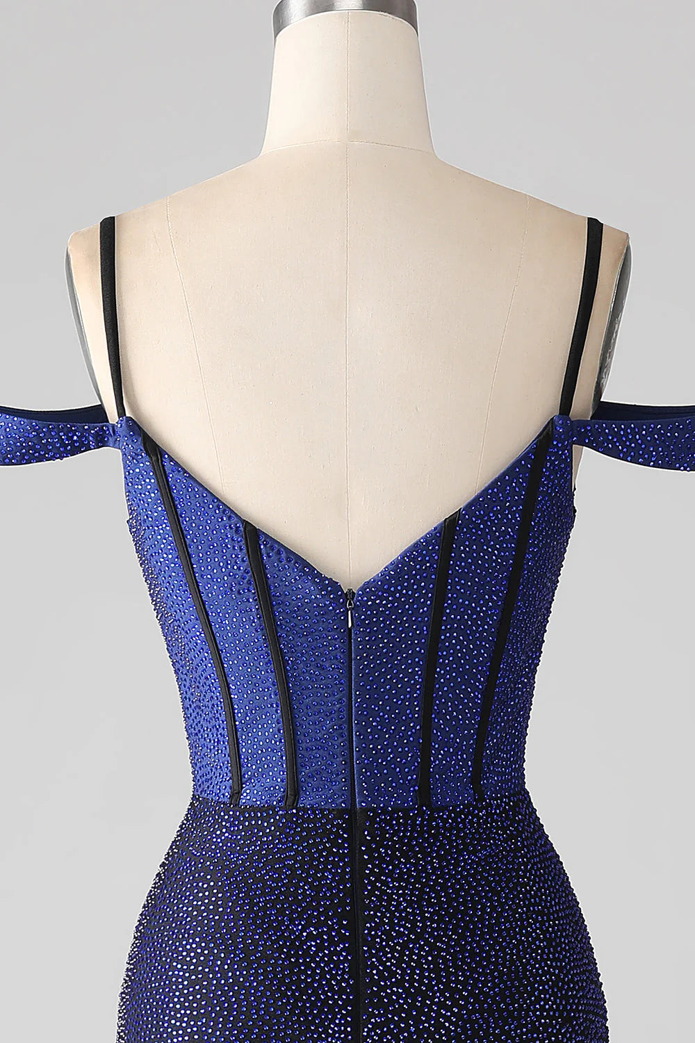 Glitzerndes, marineblaues, langes Korsett-Ballkleid im Meerjungfrauenstil mit Schlitz