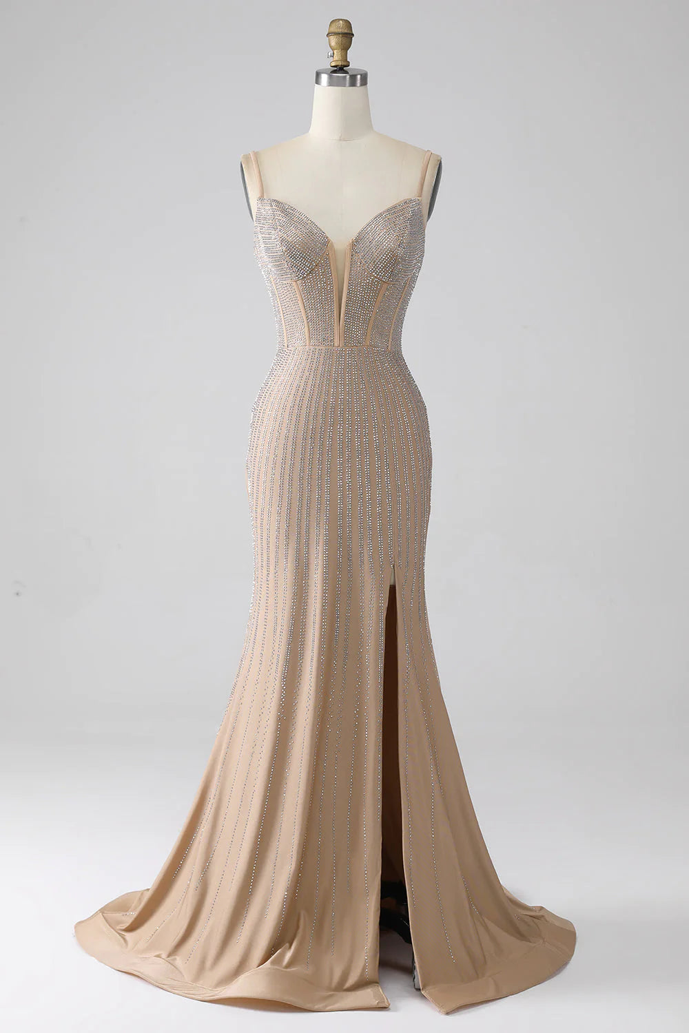 Glitzerndes Champagner-Meerjungfrauen-Ballkleid mit Spaghettiträgern und Schlitz