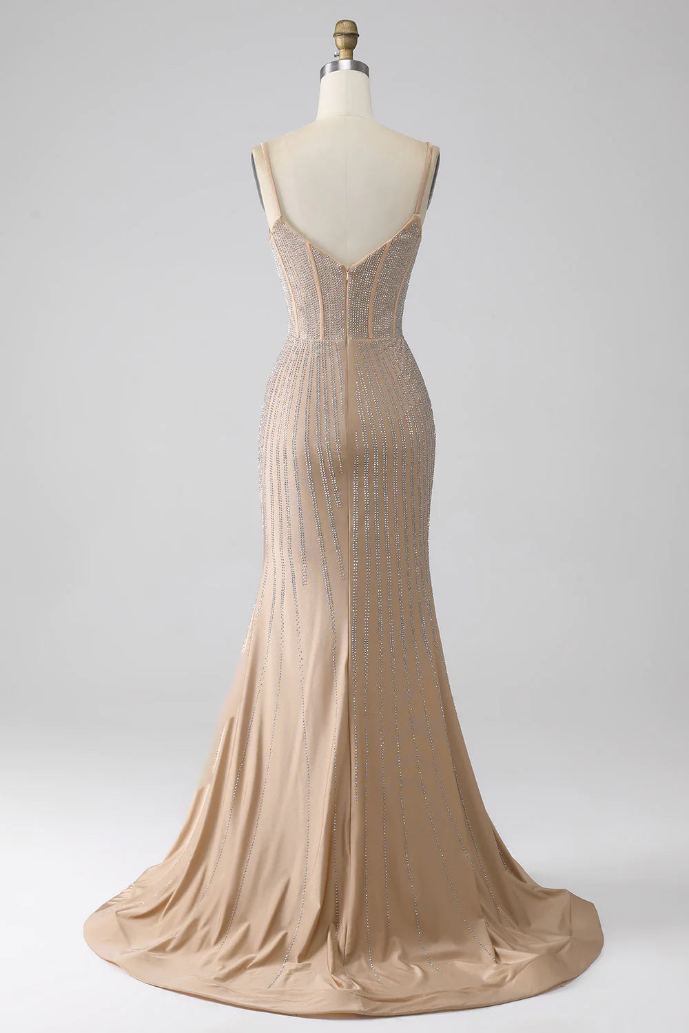 Glitzerndes Champagner-Meerjungfrauen-Ballkleid mit Spaghettiträgern und Schlitz