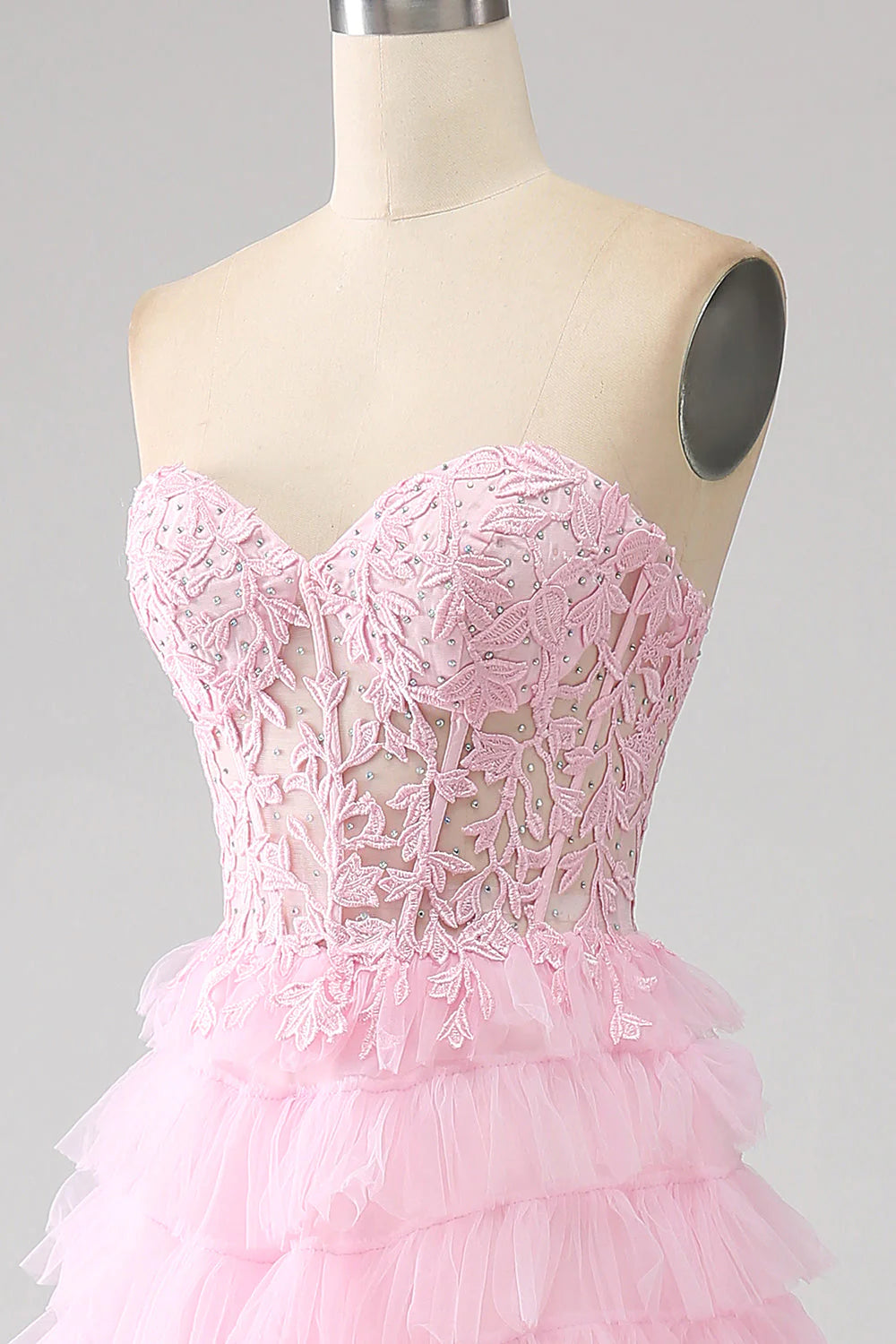 Vestido de fiesta rosa con corsé largo, sin tirantes y en capas, corte A