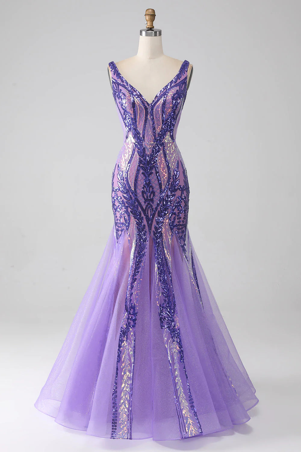 Glitzerndes lila Meerjungfrau-Ballkleid mit V-Ausschnitt und Pailletten