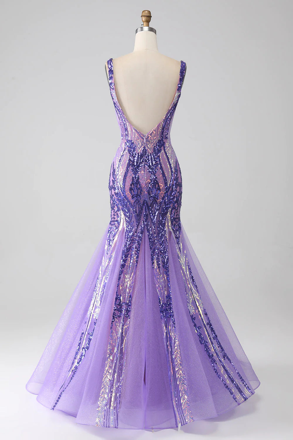 Glitzerndes lila Meerjungfrau-Ballkleid mit V-Ausschnitt und Pailletten