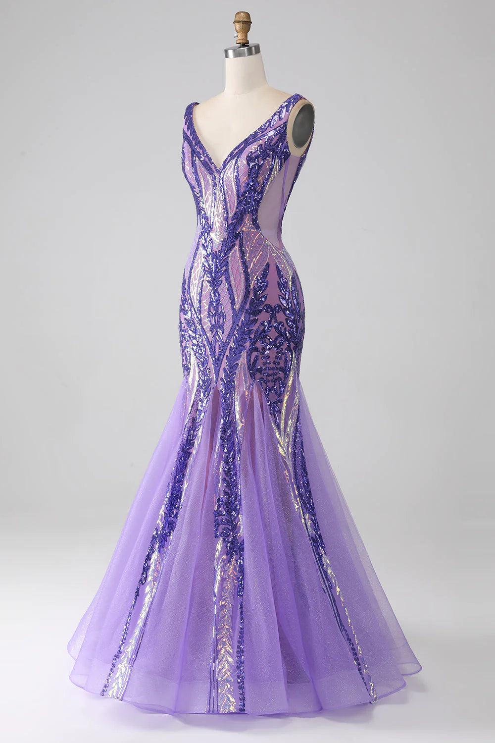 Glitzerndes lila Meerjungfrau-Ballkleid mit V-Ausschnitt und Pailletten