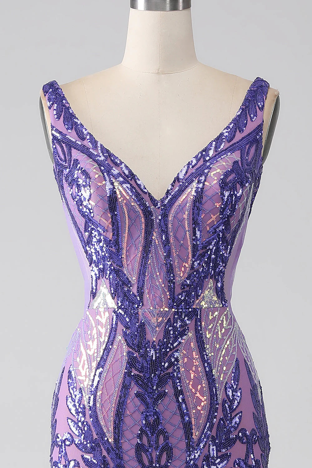 Glitzerndes lila Meerjungfrau-Ballkleid mit V-Ausschnitt und Pailletten