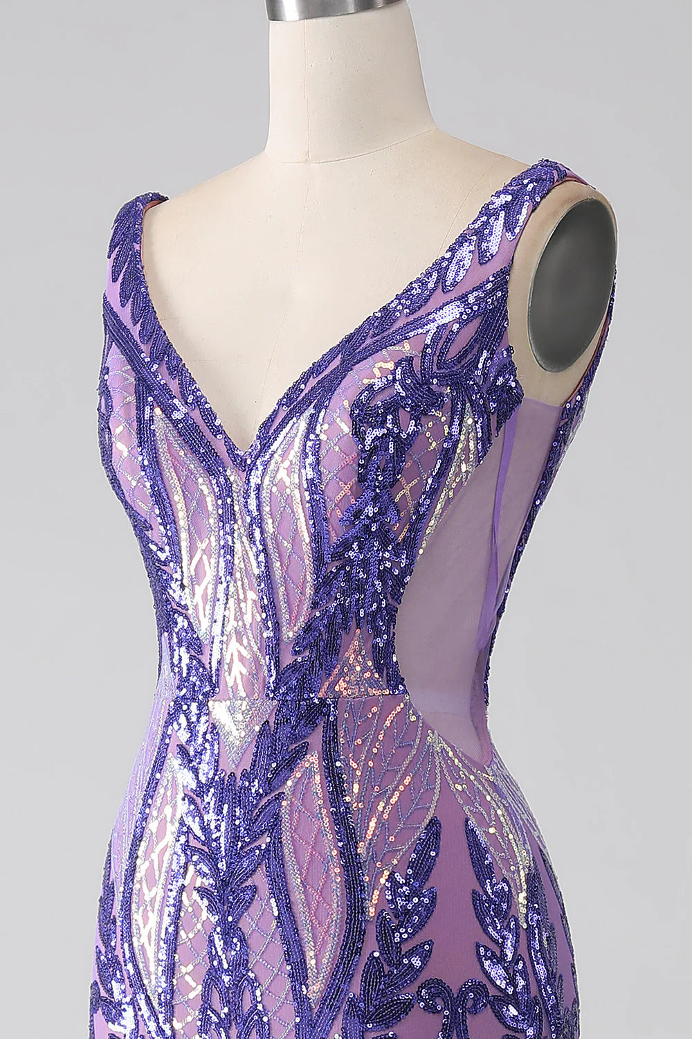 Glitzerndes lila Meerjungfrau-Ballkleid mit V-Ausschnitt und Pailletten