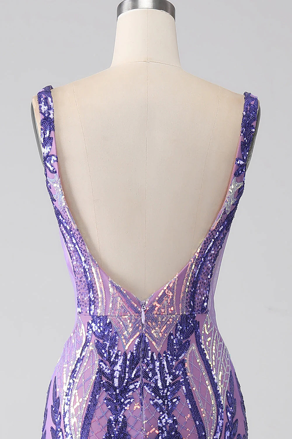 Glitzerndes lila Meerjungfrau-Ballkleid mit V-Ausschnitt und Pailletten