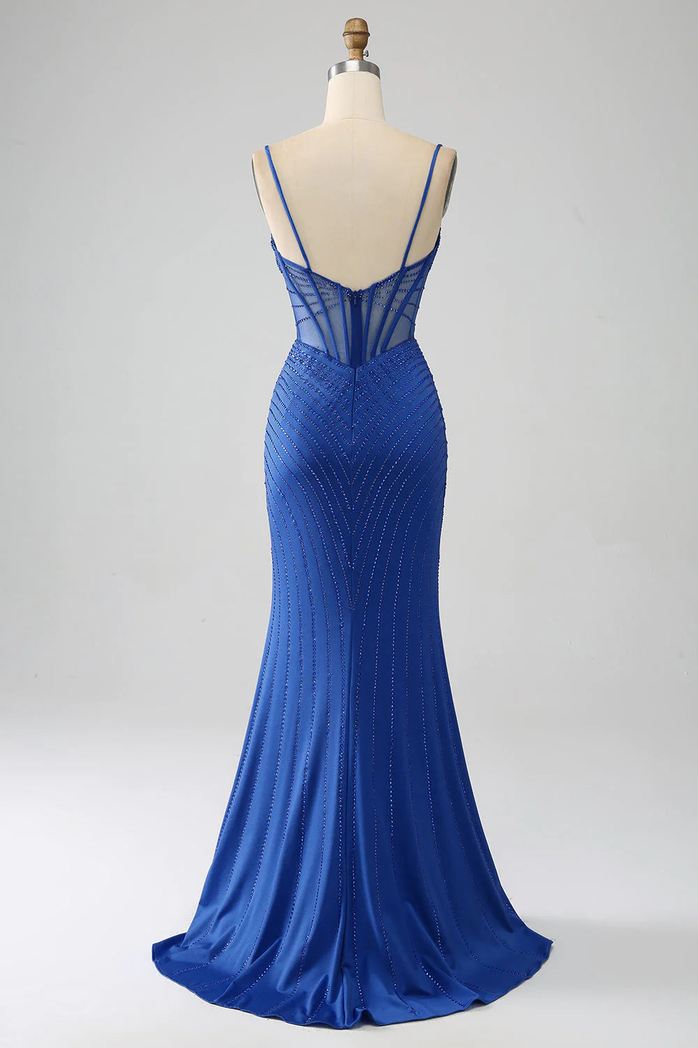 Vestido de fiesta con corsé de sirena azul real y cuentas