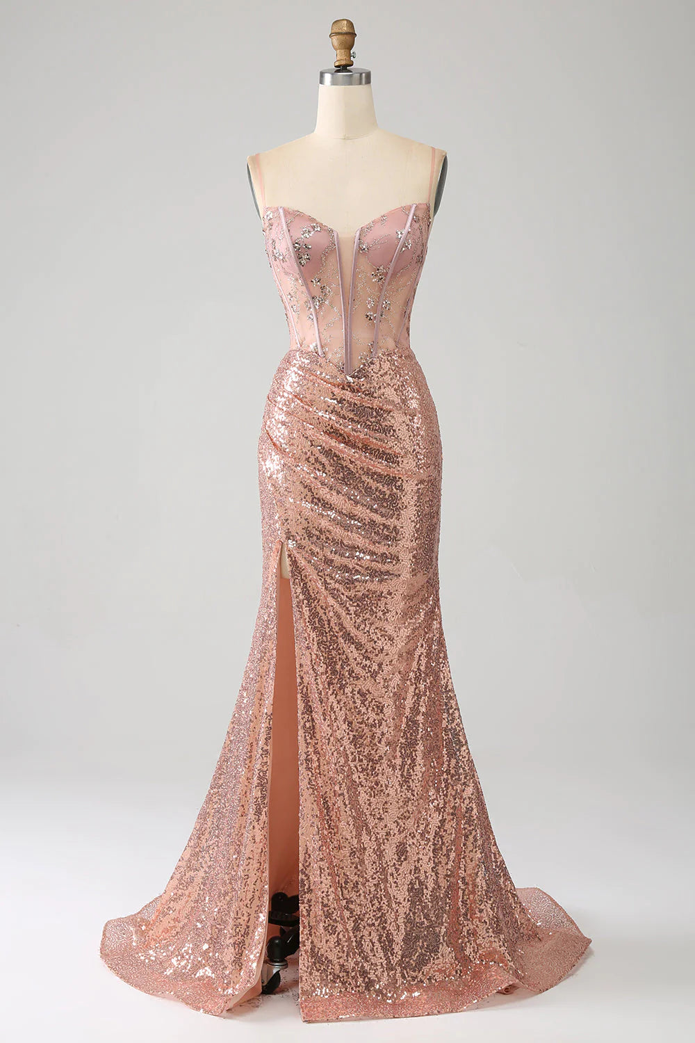 Vestido de fiesta con corsé fruncido de lentejuelas y cuentas de sirena en oro rosa con abertura lateral