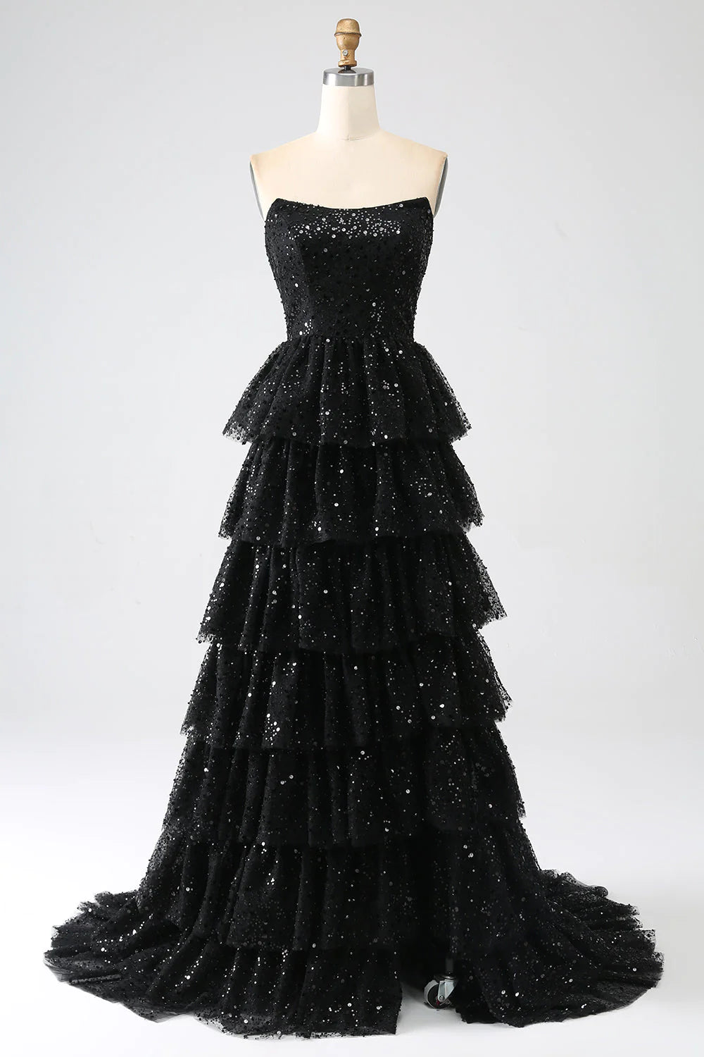 Vestido de fiesta negro con lentejuelas y abertura en forma de A