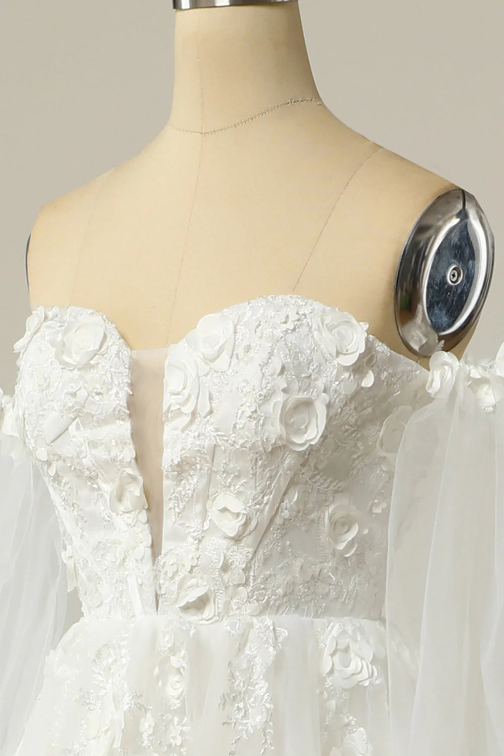 A Line Off the Shoulder Ivory Bridal Dress with Long Sleeves