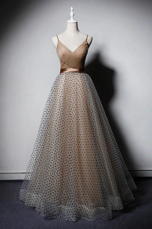 V neck tulle long prom dress