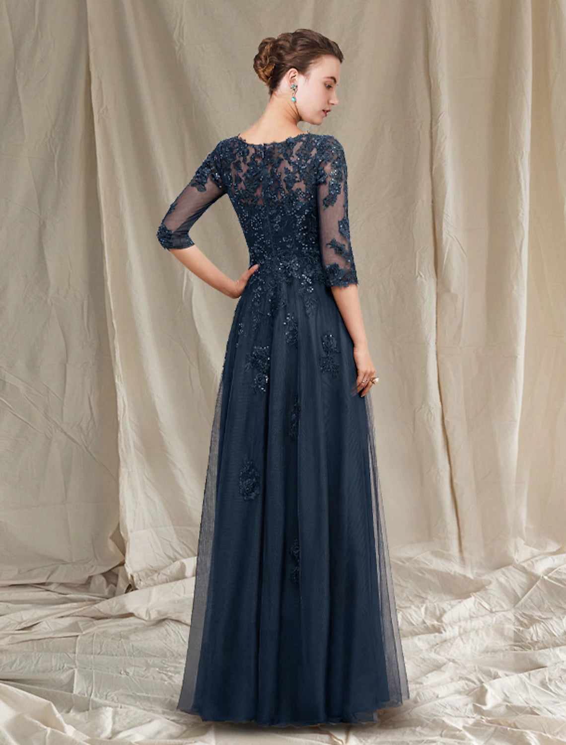 A-Linien-Kleid für die Brautmutter, luxuriös, elegant, V-Ausschnitt, bodenlang, Chiffon, Spitze, Tüll, halbe Ärmel mit Pailletten-Applikationen