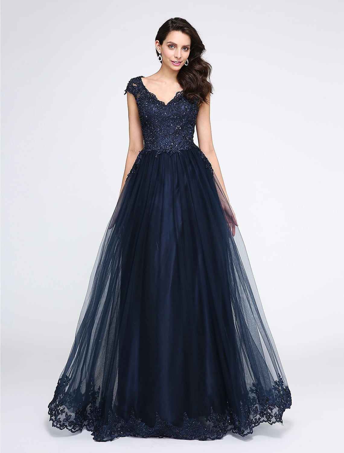 A-Line Little Black Dress Dress Wedding Guest Floor Length Sleeveless V Neck Tulle with Appliques