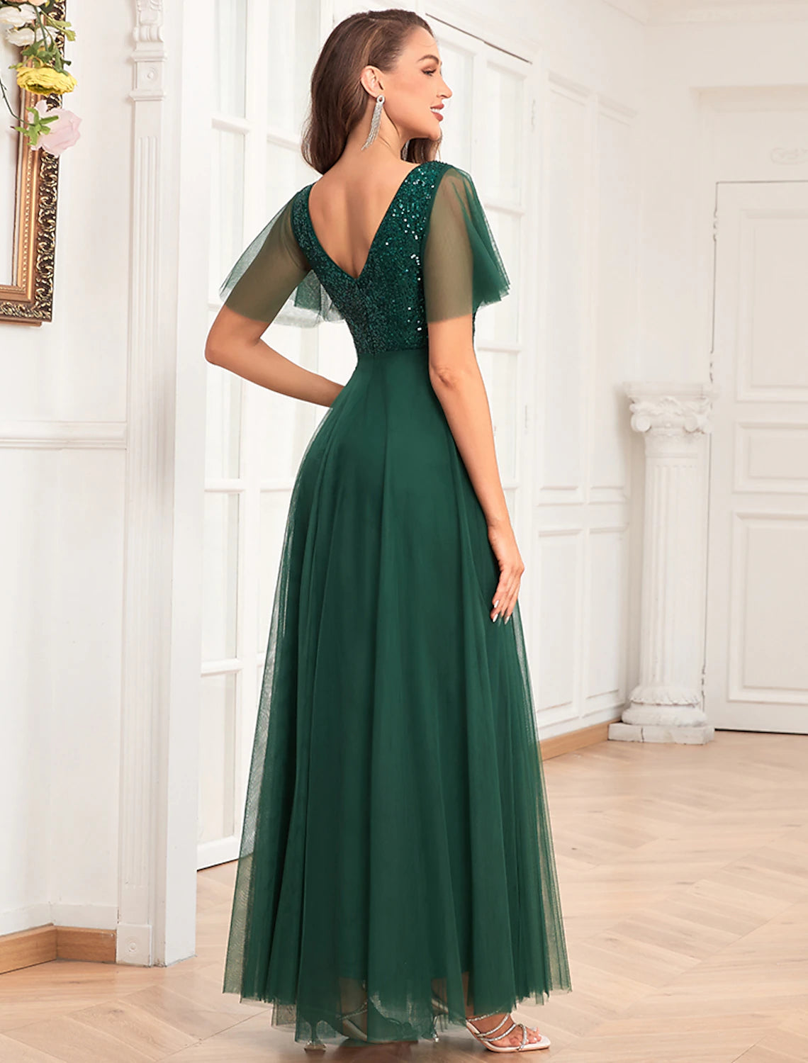 Vestidos de fiesta de corte A, vestido imperio, vestido de noche, vestido de fiesta, largo hasta el suelo, manga corta, cuello en V, gasa, espalda en V con lentejuelas brillantes