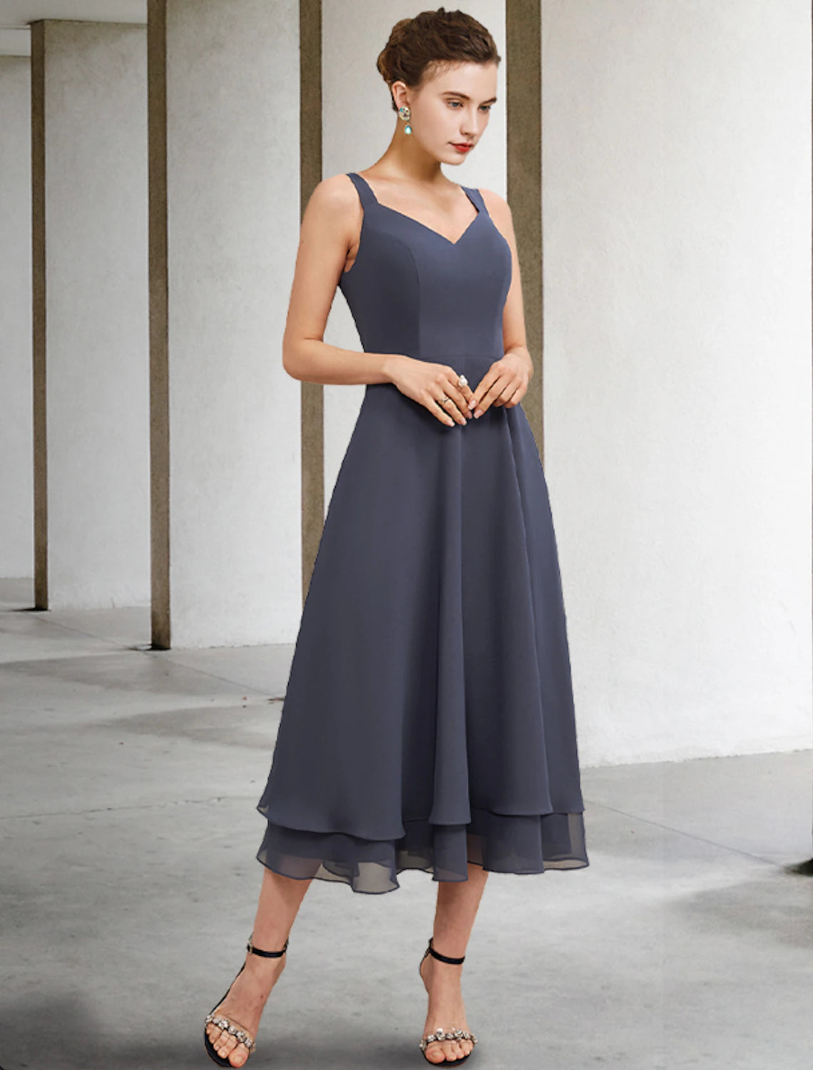 A-Linien-Kleid für die Brautmutter, elegant, V-Ausschnitt, knielang, Chiffon, Spitze, ärmellos, Jackenkleider mit Stufen, einfarbig