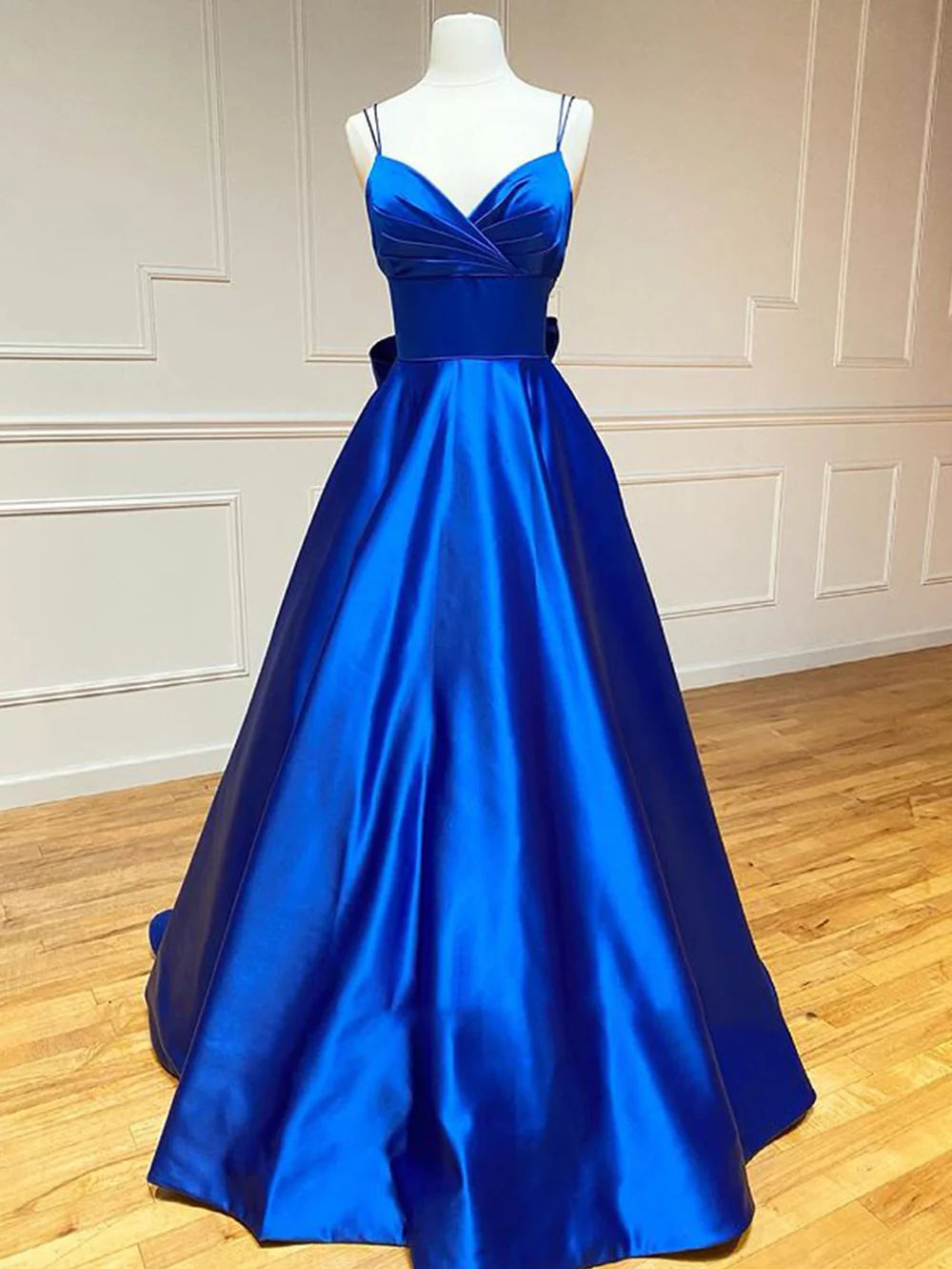 A Line V Neck Long Satin Prom Dress With Bow Tie