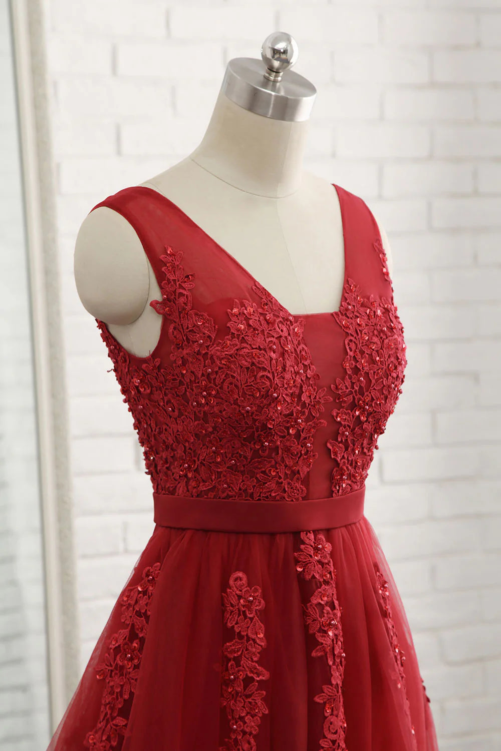 V neck tulle lace applique long prom dress