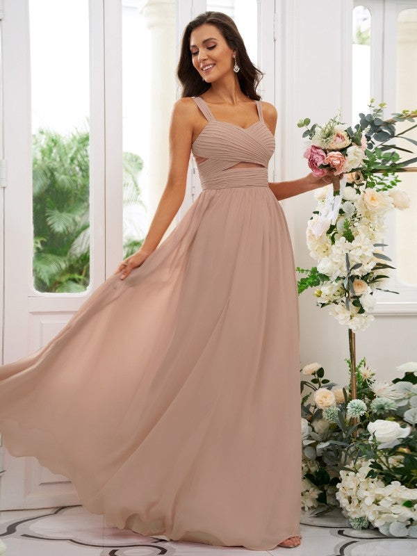 A-Linie/Princess-Linie Chiffon Gerüscht Träger Ärmellos Bodenlang Brautjungfernkleider