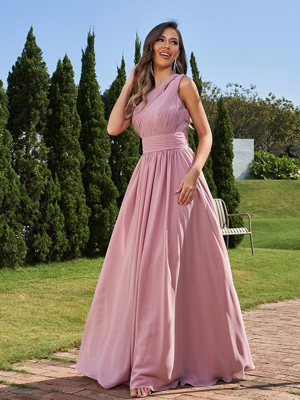 A-Linie/Princess-Linie Chiffon Rüschen One-Shoulder-Träger Ärmellos Bodenlang Brautjungfernkleider