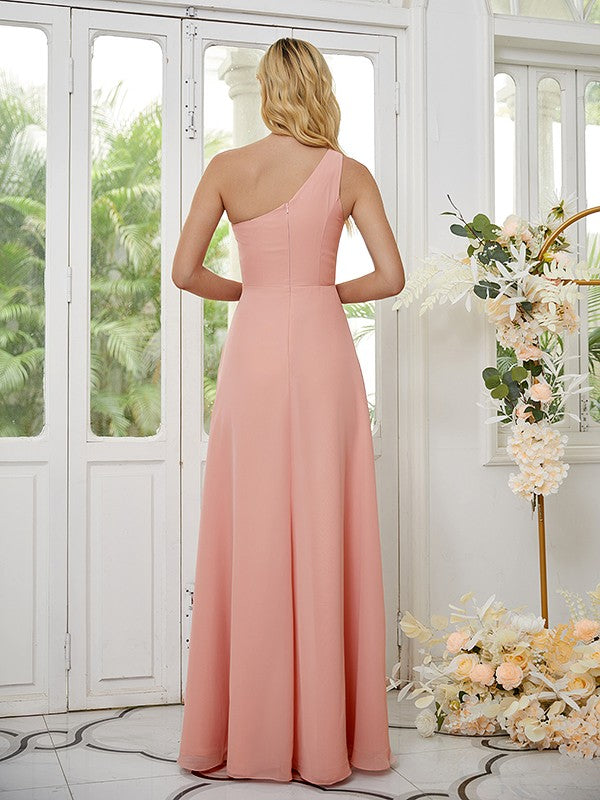 A-Linie/Princess-Linie Chiffon Rüschen One-Shoulder-Träger Ärmellos Bodenlang Brautjungfernkleider