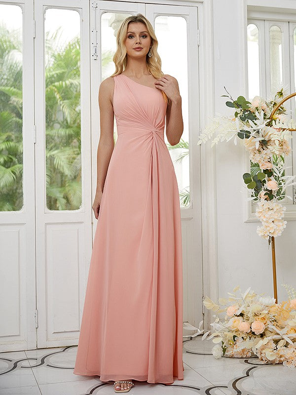A-Linie/Princess-Linie Chiffon Rüschen One-Shoulder-Träger Ärmellos Bodenlang Brautjungfernkleider