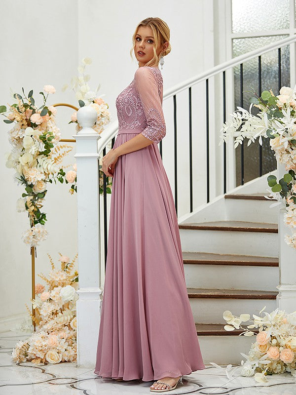 A-Linie/Princess-Linie Chiffon Spitze V-Ausschnitt 3/4 Ärmel Bodenlang Brautjungfernkleider