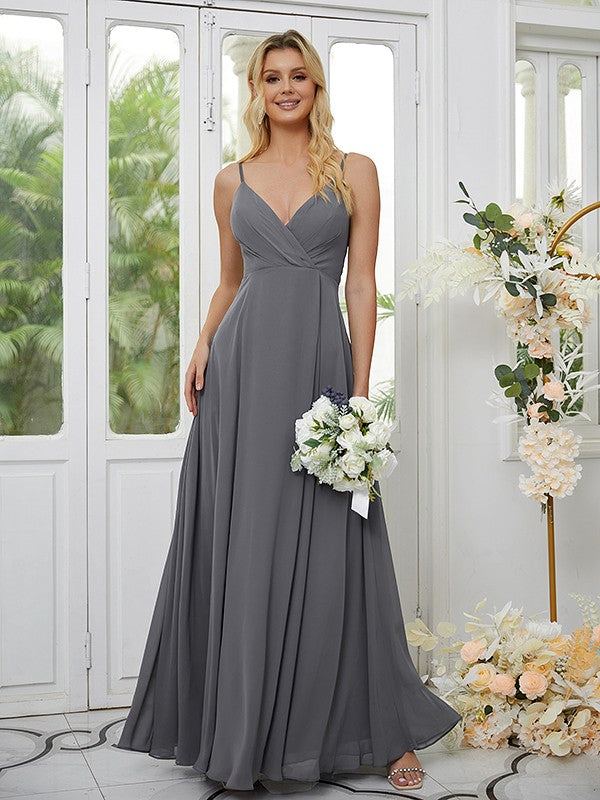 A-Linie/Princess-Linie Chiffon Rüschen V-Ausschnitt Ärmellos Bodenlang Brautjungfernkleider