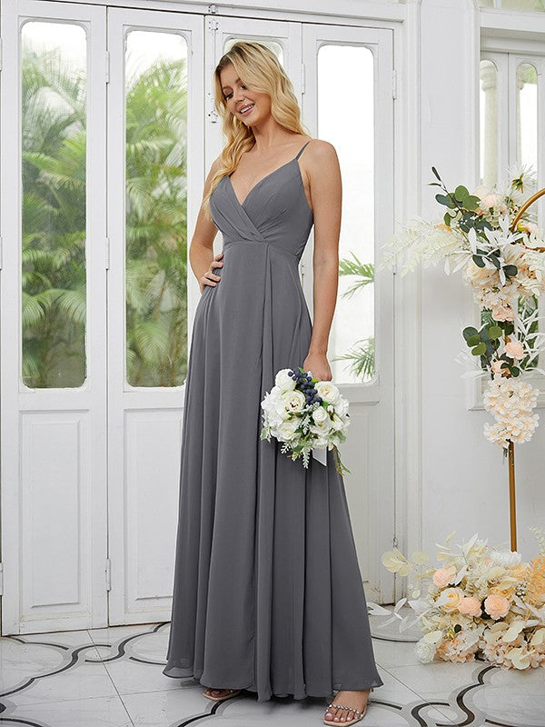 A-Linie/Princess-Linie Chiffon Rüschen V-Ausschnitt Ärmellos Bodenlang Brautjungfernkleider