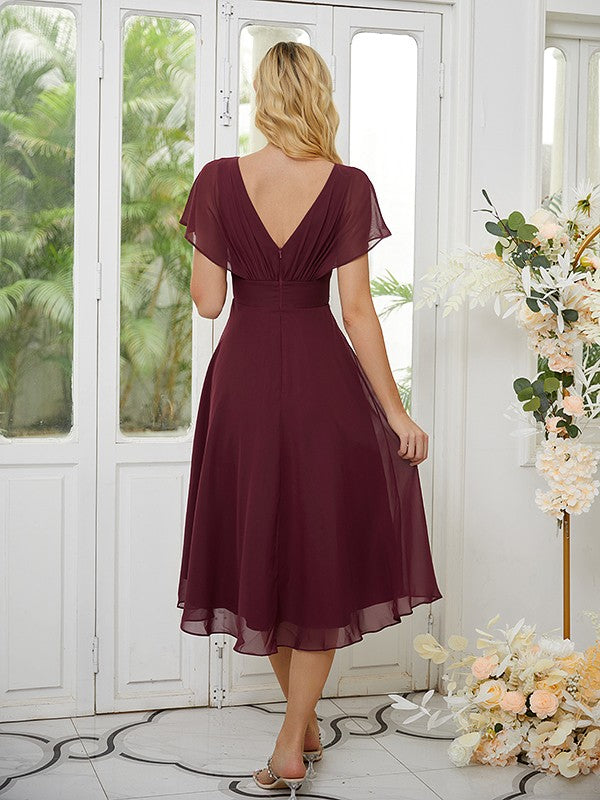 A-Linie/Princess-Linie Chiffon Gerüscht U-Ausschnitt Kurze Ärmel Asymmetrisch Brautjungfernkleider