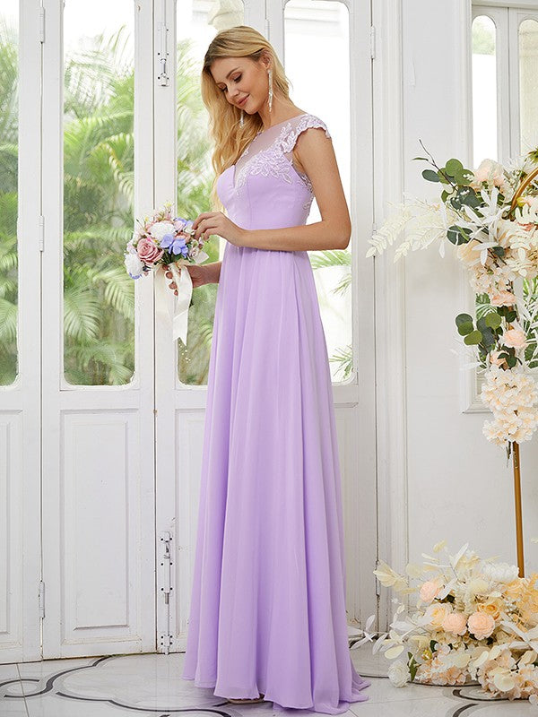 A-Linie/Princess-Linie Chiffon Applikationen U-Ausschnitt Kurze Ärmel Bodenlang Brautjungfernkleider