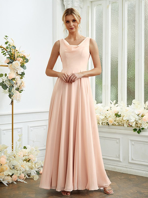 A-Linie/Princess-Linie Chiffon Rüschen U-Ausschnitt Ärmellos Bodenlang Brautjungfernkleider