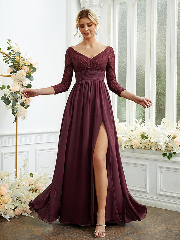 A-Linie/Princess-Linie Chiffon Spitze V-Ausschnitt Lange Ärmel Bodenlang Brautjungfernkleider