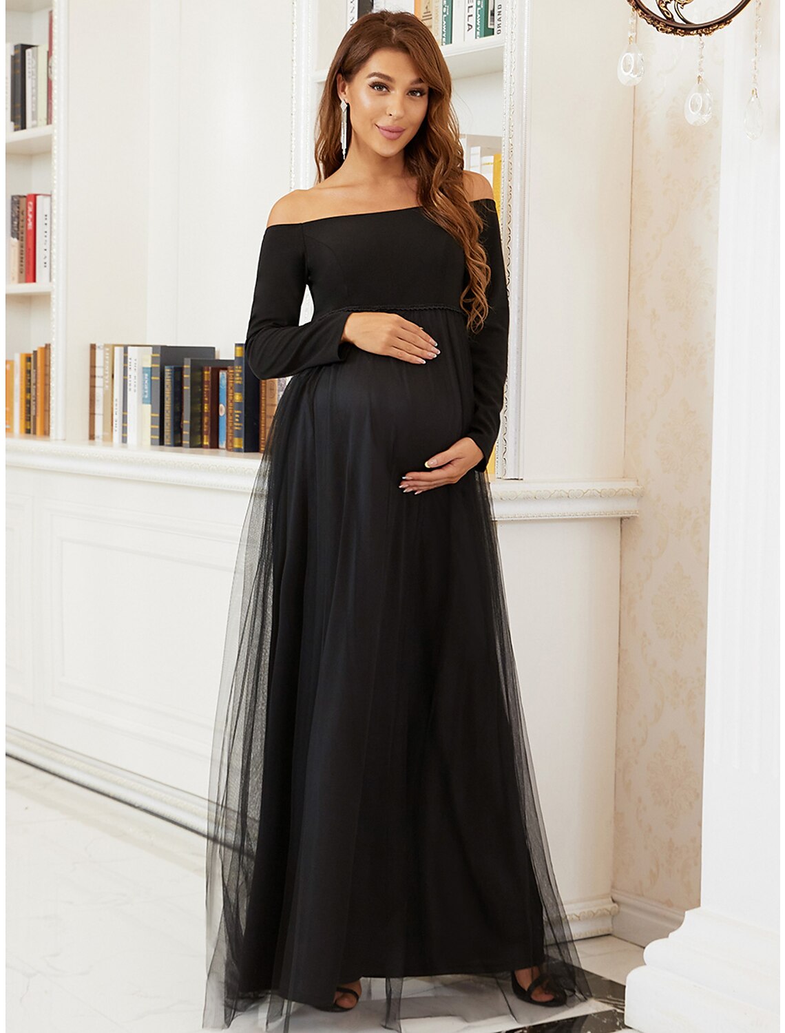 A-Linien-Kleid für die Brautmutter, elegant, schulterfrei, bodenlang, Tüll, lange Ärmel mit Stufen