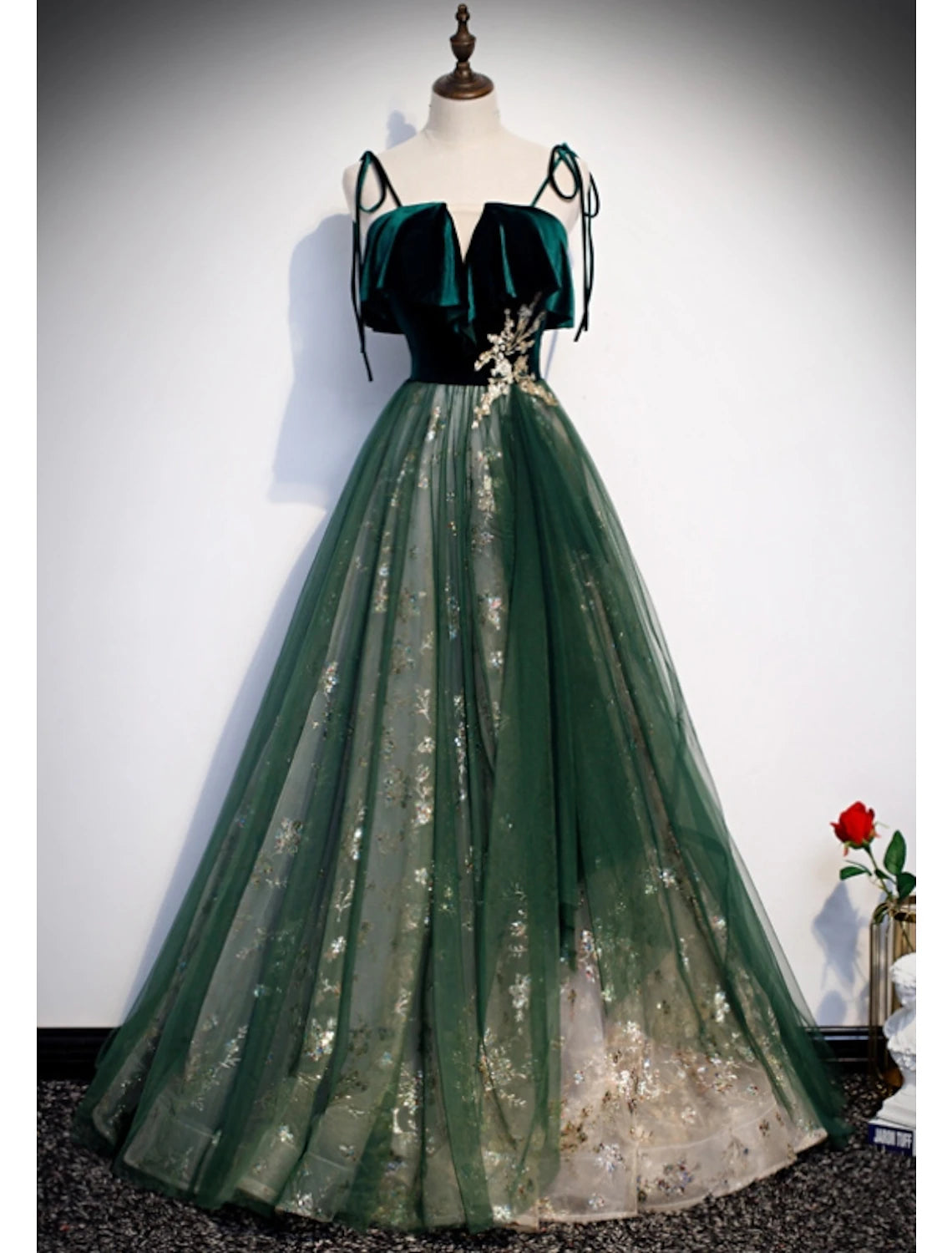 A-Linie, glitzernd, luxuriös, für formelle Anlässe, Abendkleid, Spaghettiträger, ärmellos, bodenlang, Organza mit Pailletten